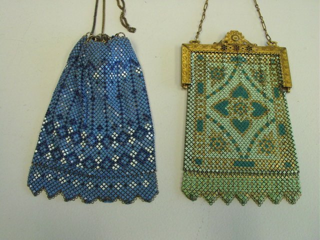 Mandalian mesh enameled purse & beaded purse: 1-Metal mesh enameled purse is trimmed with seven point Van Dyke fringe, in teal, aqua and gold tones. The frame is etched with 3 enameled flowers and stamped "Mandalian Manufacturing Co." Approx. 6.5