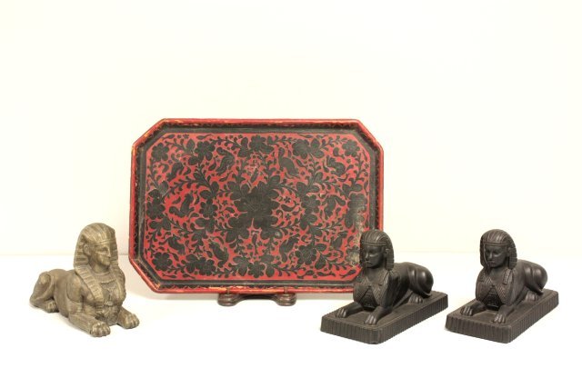3 "Sphinxes" on red lacquered tray: Including: Figural wall hangs, trivet, elephant, French enamel candle holder, keys, corkscrews, brass horse, lion face, horn, frame & more. From the estate of prominent antique collector from Brooklyn