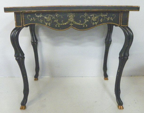 Chinoisserie decorated tea table: With hoof feet. Approx. 30" H x 33" L x 33" D Please read our terms of sale.