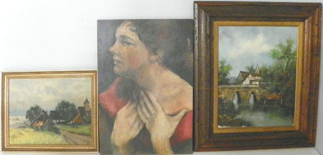 Lot of 3 paintings: 1on board, 1 on panel, 1 oil on canvas. "Landscape", approx. 13.5" x 17.75", "Portrait of a Woman", approx. 26" x 18", "Bridge & Lake Scene with House", approx. 20" x 16" (Contemporary). Please read o