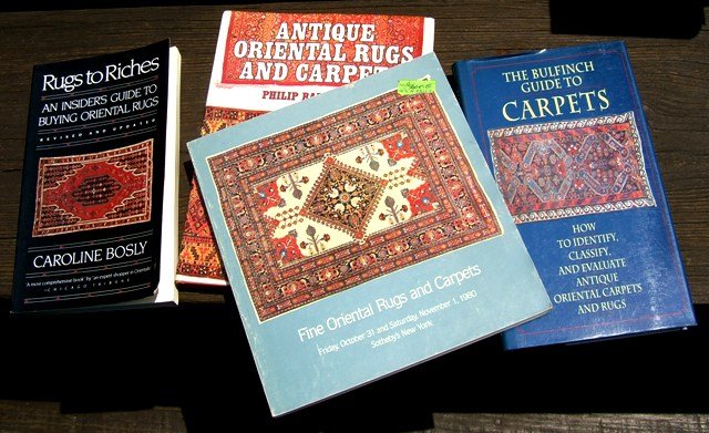 Collection 5 books on antique rugs: 1-"Azerbaijan Carpet", copyright 1985 in original boxed slip cover. 2-Rugs to Riches Insider’s Guide to Buying Oriental Rugs by Caroline Bosly 3-Antique Oriental Rugs and Carpets by Philip Bamboroug