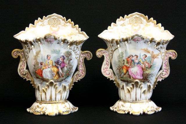 Pair Old Paris flair vases: Gold wear. Approx. 15" H x 12" Please read our terms of sale.