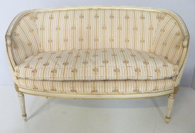 Venetian style striped upholstered loveseat: White & gilt, down cushion, Louis XVI leg. Approx. 52" W x 33" H (back). From a Ft. Lee, NJ estate. Please read our terms of sale.