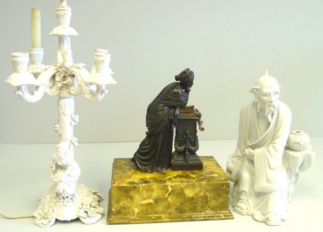 Group lot of 3 smalls: Including: 1- French Blanc du Chein Chinese figure with cross sword mark, approx. 14" H. 1- Italian Blanc du Chein porcelain candelabra "Girl Under Tree", mounted as lamp, approx. 19.5" H. 1- Brass fi