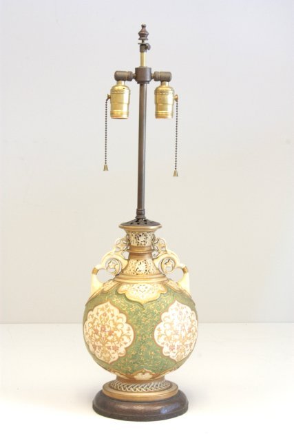 Royal Worcester reticulated vase: Mounted as a lamp. Approx. 12" H. From a Ft. Lee, NJ estate. Please read our terms of sale.