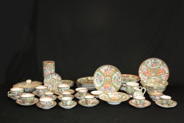 Group lot Rose Medallion dishes: Approx. 46 pieces. Including: Covered casserole. 19th/20th c. From the estate of prominent antique collector from Brooklyn Heights, NY. Please read our terms of sale.