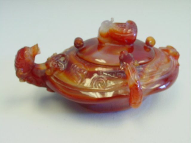 Red carnelian carved Chinese agate vessel: Approx. 8" W x 7" D x 4" H. Please read our terms of sale.