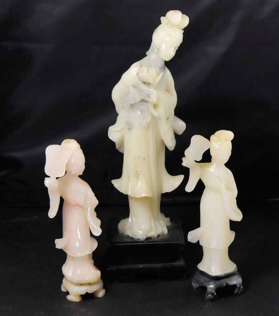 3 carved soapstone figures of "Geisha Girls": On wood stands, Chinses. Approx. 5" H, 5.5" H & 8" H. From a Hampton Garden, NY estate. Please read our terms of sale.