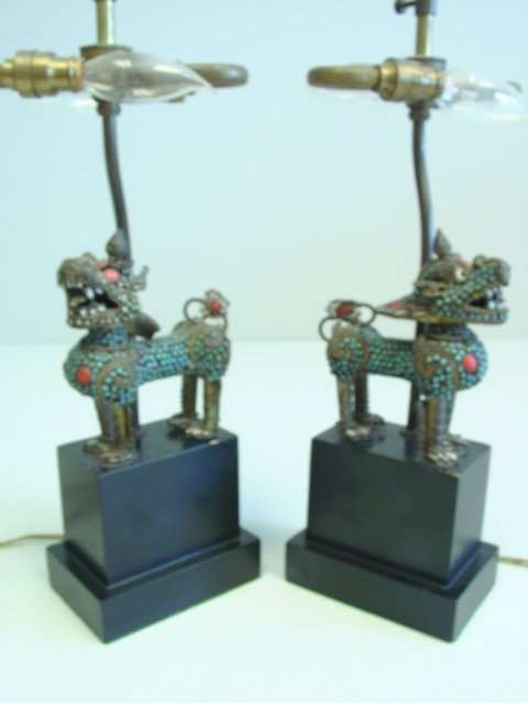 Pair turquoise & coral studded brass "Foo Dogs": Mounted as lamps. Approx. 16.5" H to top of finial. From a Ft. Lee, NJ estate. Please read our terms of sale.