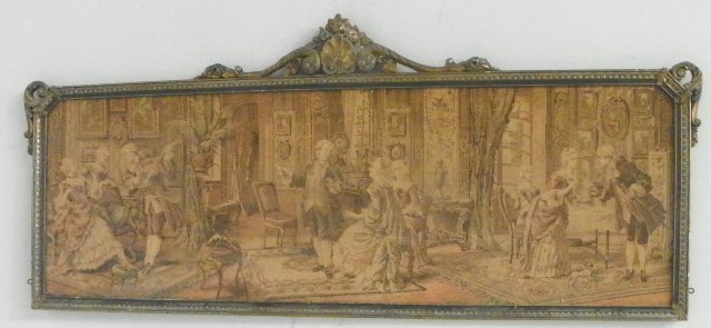 Framed machine made needlepoint tapestry: Depicting "French Parlour Scene". approx. 20" H x 44" long. From the collection of a prominent Westfield, NJ Doctor. Please read our terms of sale.