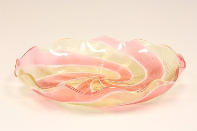 Antique cranberry Loetz type blown glass dish: White & yellow swirled. Approx. 6" Diam. Please read our terms of sale.