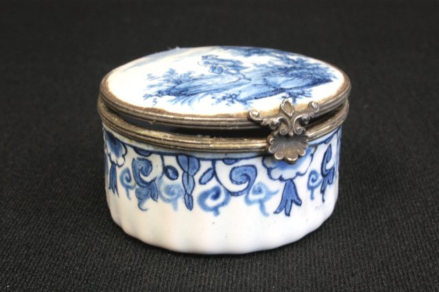 18th c. very rare French faience snuff box: Blue & white with "Man Carrying Mandolin", marked AK, restored chips. Approx. 1.25" x 2.25". Please read our terms of sale.