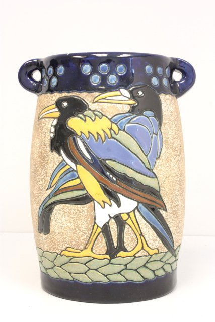 Imposing Amphora Art Deco vase ca. 1900: With "Ravens" inscribed design. Approx. 12" H. Please read our terms of sale.