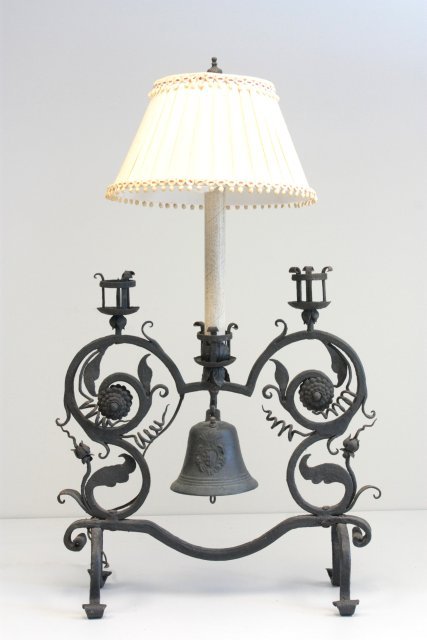 19th c. wrought iron pricket candle holder & bell: Electrified, 3 prongs, converted, with silk shade. Please read our terms of sale.