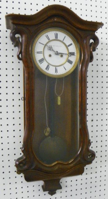Eastern European antique walnut wall clock: Maren Zeller, missing crown. Approx. 30" x 14". Please read our terms of sale.