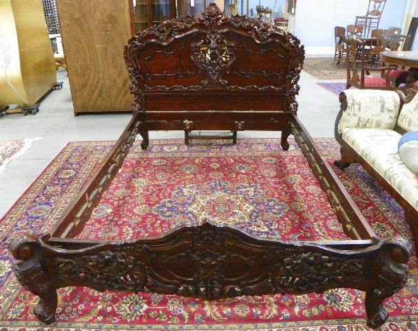 Heavily carved queen size headboard & footboard: Headboard approx. 57.5" H. Please read our terms of sale.