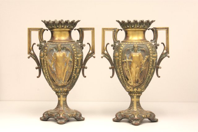 Pair bronze figural urns: Depicting "St. Christopher". Approx. 19.25" H. Please read our terms of sale.