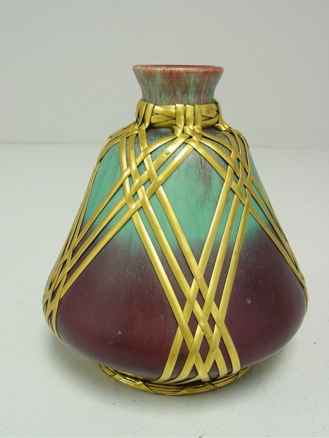 Bronze overlay art pottery vase signed H. Hadley: Approx. 6" H. Please read our terms of sale.