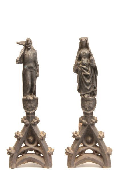 Pair 19th c. Gothic figural andirons: Depicting "Man & Woman". Approx. 25" H. Please read our terms of sale.
