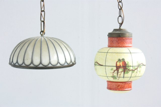 Leaded domed fixture & handpainted glass fixture: Leaded domed fixture is approx. 11" D x 5" H. Handpainted glass fixture depicting "Birds", approx. 10" H x 8" W. Please read our terms of sale.