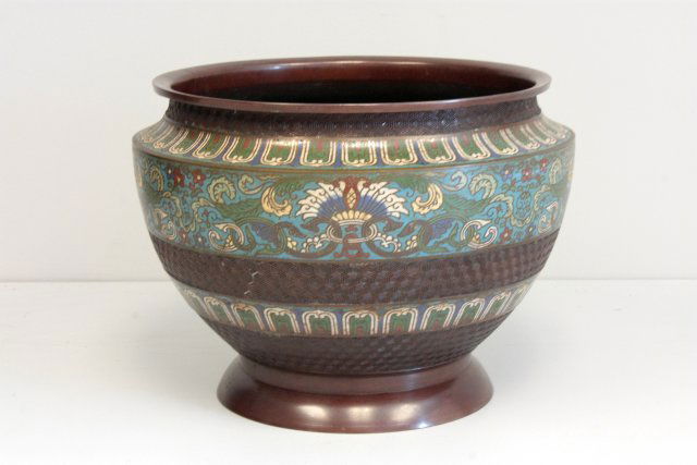 Japanese bronze & champleve enamel jardiniere: Approx. 10.5" x 14". Please read our terms of sale.