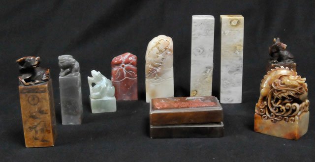 10 various Chinese stones: Including: Shou Shan ink set, various soapstone stamps, jade piece. Various sizes. Please read our terms of sale.