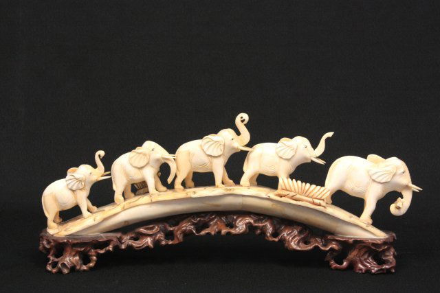 Chinese bone carving: "5 Elephants Crossing the Bridge". Approx. 16" L x 7" H. Please read our terms of sale.