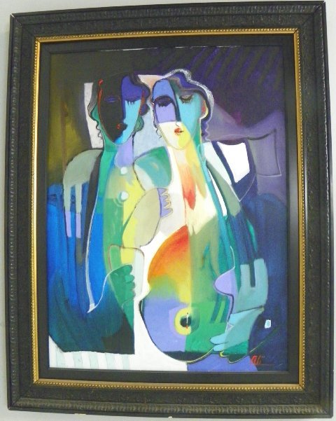 Abstract oil painging signed Ali: In black frame, "Two Women", signed lower right. Approx. 29.5" x 41.75" Please read our terms of sale.
