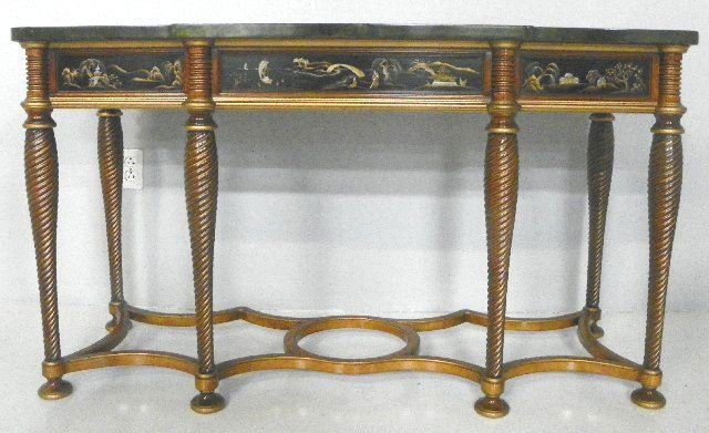 John Widdicomb chinoiserie console table: Faux marble top, custom made. Approx. 30" H x 52.5" W x 19" D. Please read our terms of sale.
