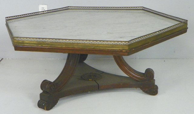 Regency style marble top coffee table: Approx. 39" x 45" x 19" H. Please read our terms of sale.