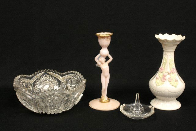 Group lot of 4 assorted smalls: Including: Cut glass bowl ca. 1900, Waterford ring holder, Crown Tuscan "Nude" candle stick & Belleek vase with brown mark. From a Staten Island, NY estate. Please read our terms of sale.