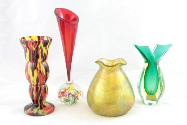 Group lot of 4 pieces of Art Glass: Including: 1- Loetz type vase, approx. 6" H. 1- Triple gourd vase, approx. 8.25" H. 1- Millifiore type bud vase. 1- Venetian glass green vase, approx. 7" H. From a Staten Island, NY estate. Please rea