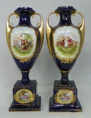 Pair large old Royal Vienna vases: Approx. 31" H. Some gold paint wear, otherwise good condition. Please read our terms of sale.