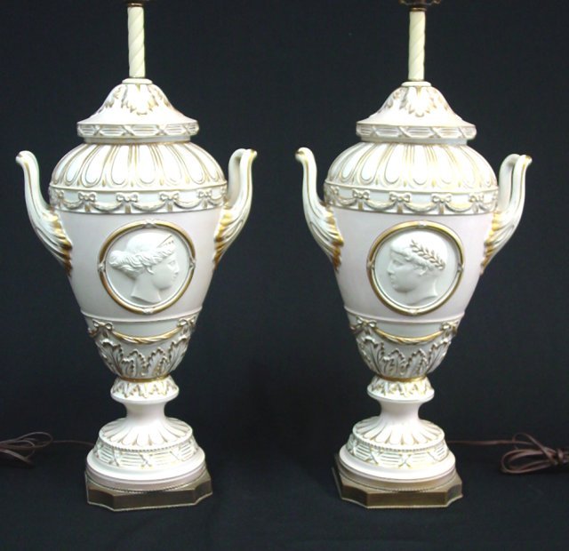 Pair French porcelain covered urns: Mounted as lamps, depicting "Portraits". Approx. 18" H. From the Riverdale, NY estate of Nell Martinis. Please read our terms of sale.