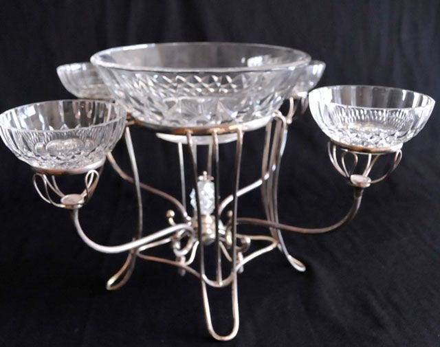 Silver plated & crystal epergne: Inserts are Val St. Lambert. Approx. 9" x 18" D. Please read our terms of sale.