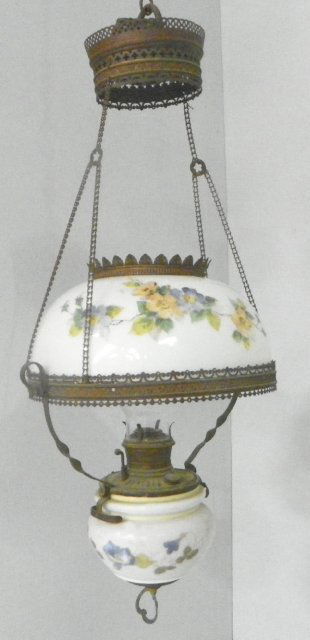 Bradley & Hubbard Gone with the Wind fixture: 19th c., oil light, handpainted, stamped B & H. Approx. 34" H x 17" D. Please read our terms of sale.