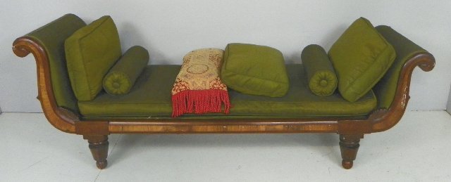 Inlaid Empire daybed: Approx. 32" H x 26" W x 88" L. From the property of Catherine Land. Ms. Land was the first female Senior Producer for Grey Advertising in New York City and is a multiple Clio Award winner. Please read