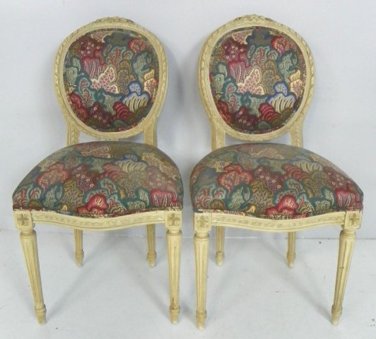 Pair French Louis XVI style boudoir chairs: Approx. 35" H. From the Riverdale, NY estate of Nell Martinis. Please read our terms of sale.