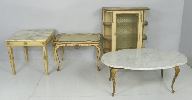 4 pieces of furniture: Including: Marble top coffee table with wrought iron, square marble top table, off white credenza and white & gold tray top coffee table. From the Riverdale, NY estate of Nell Martinis. Please read ou