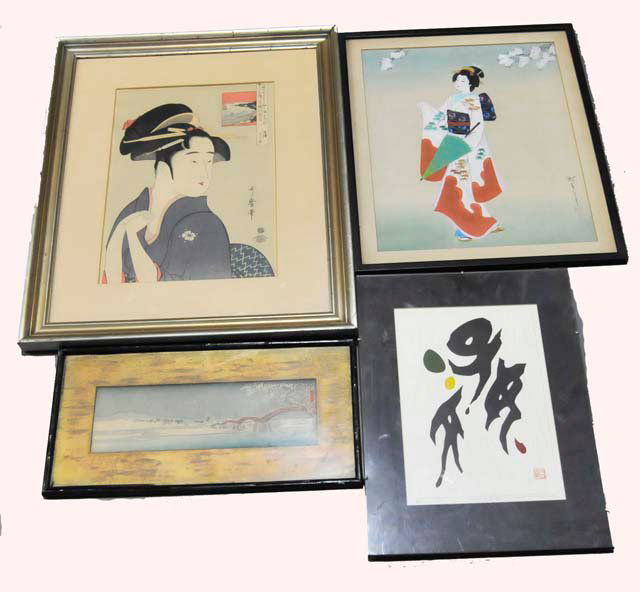Group lot of 4 framed Asian pictures: 2- "Women". 1- Signed calligraphy, 119/200. 1- Wood block depicting "A Bridge". Approx. 3.75" x 11.75", 8" x 14", 16" x 12.75" & 14.25" x 10.25". From a Staten Island, NY estate. Please read our terms
