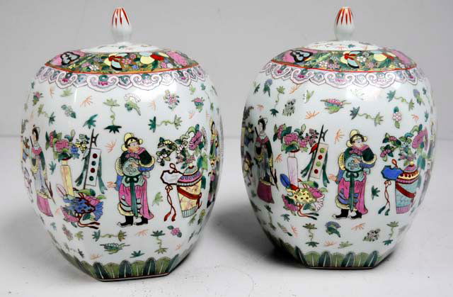 Pair decorated covered ginger jars: Octagonal shape. Depicting "Figures & Vases", Approx. 13" x 10". Please read our terms of sale.