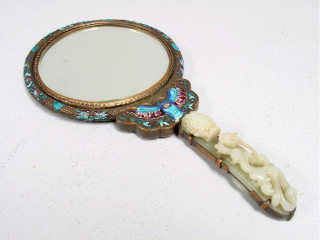 19th c. Chinese enamel & jade marriage mirror: Approx. 13.5" x 7", jade 5". Please read our terms of sale.