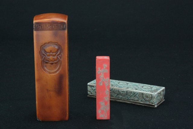 Chinese carved stone seal & cinnabar ink stick: Seal approx. 4.25" H. Ink stick approx. 2.5" H, in original box. Please read our terms of sale.