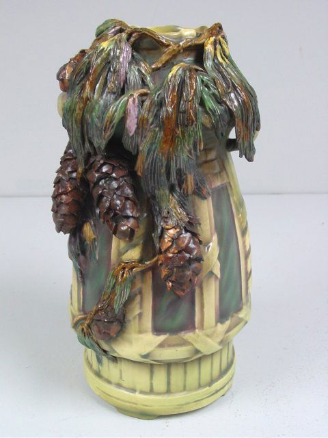 19th c. Amphora green on green vase: Depicting "Acorns". Approx. 15" H Please read our terms of sale.