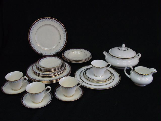 2 dinnerware sets: Including: Royal Doulton dinner ware "Rhodes" pattern, service for 12. Consisting of 12 cups & saucers, 12 luncheon plates, 12 dinner plates, covered tureen, gravy boat & 12 cake plates. Minton dishes