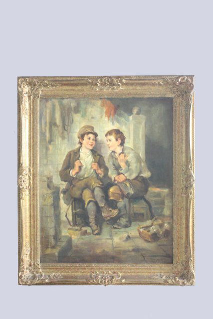 Framed oil painting signed Karl Witkowski: 19th/20th c. painting depicting "2 Boys", signed Karl Witkowski (1860-1910)- Polish/American Artist, contemporary of J.G. Brown. Approx. 30.25" x 24.25". Please read our terms of sale.