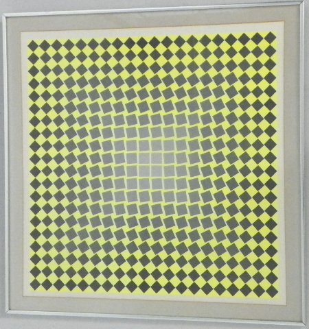 Abstract Lithograph pencil signed Victor Vasarely: Frame. Approx. 28" x 28" framed, 25" x 25" framed. Please read our terms of sale.