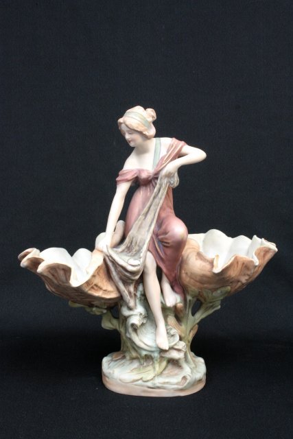 Old Royal Dux art nouveau figural centerpiece: Approx. 13.5" H x 12" W. Please read our terms of sale.
