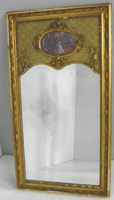 French trumeau mirror: With handpainted oval upper medallion, beveled mirror, attractive model. Approx. 47" x 26". Please read our terms of sale.