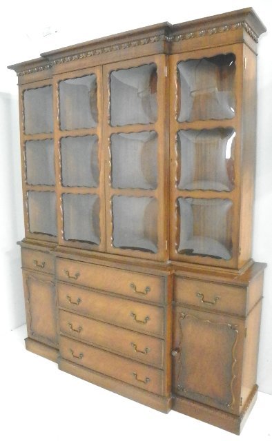 Hepplewhite style breakfront with bubble glass: Mahogany, opens to a desk. Approx. 83" H x 66" W x 16" D. Please read our terms of sale.